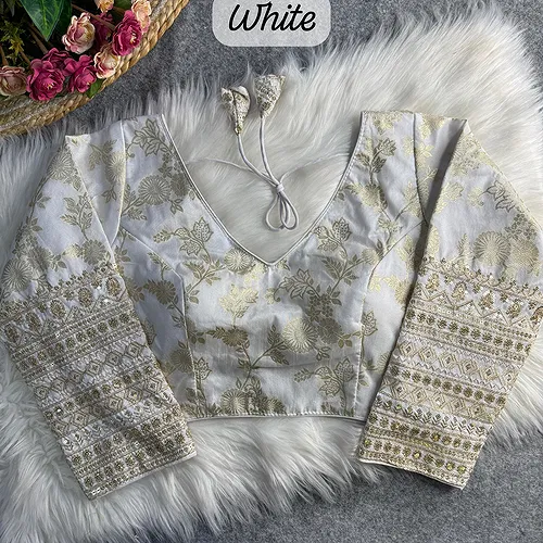 White Color Heavy Pure Dola Silk Embroidered Full Sleeves Partywear Blouse