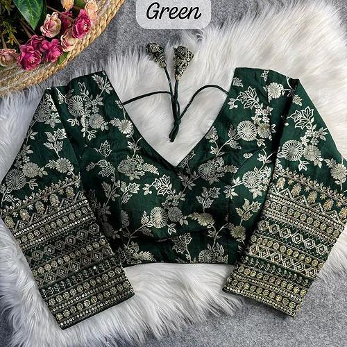Green Color Heavy Pure Dola Silk Embroidered Full Sleeves Partywear Blouse