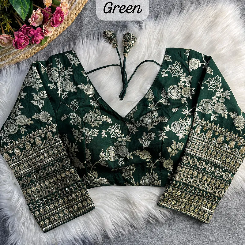 Green Color Heavy Pure Dola Silk Embroidered Full Sleeves Partywear Blouse