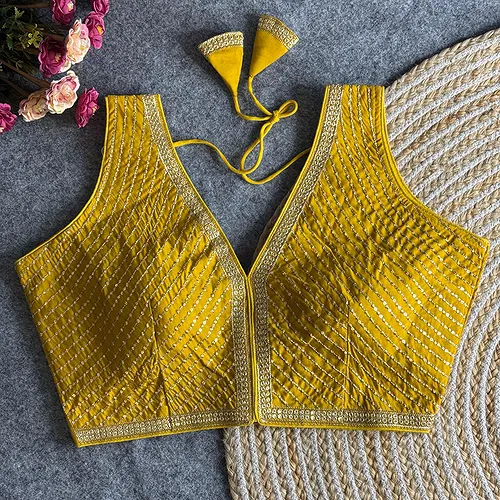 Yellow Color Bridal Designer Roman Silk Blouse With Heavy Embroidery And Sequence Work