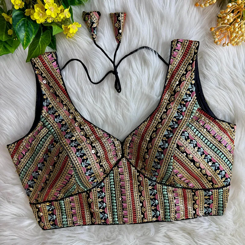 Black Color Heavy Fox Georgette Partywear Blouse with Viscose Thread Embroidery