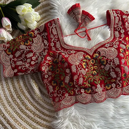 Red Color Wedding Special Velvet Embroidered Blouse