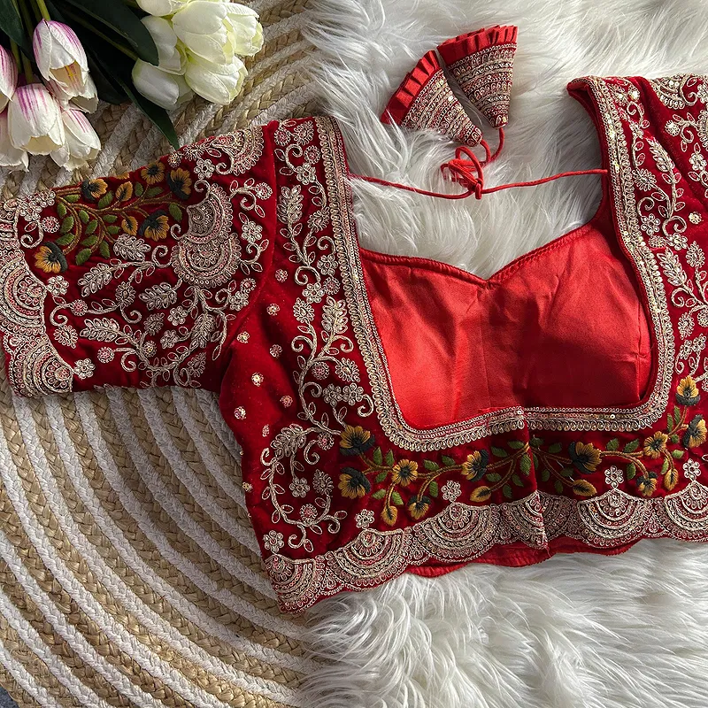Red Color Wedding Special Velvet Embroidered Blouse
