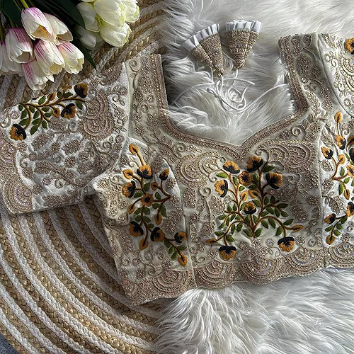 Cream Color Wedding Special Velvet Embroidered Blouse