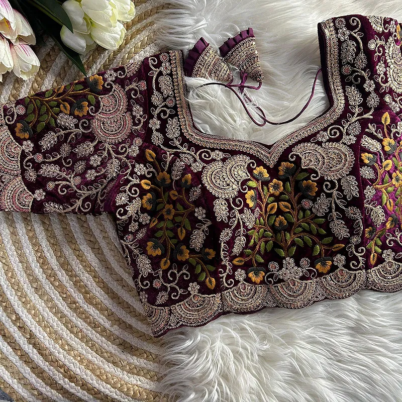 Wine Color Wedding Special Velvet Embroidered Blouse