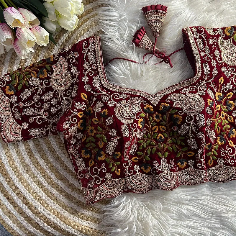 Maroon Color Wedding Special Velvet Embroidered Blouse