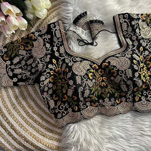 Black Color Wedding Special Velvet Embroidered Blouse 