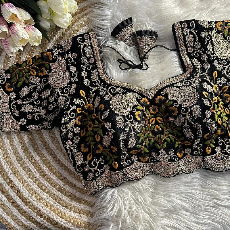 Black Color Wedding Special Velvet Embroidered Blouse 