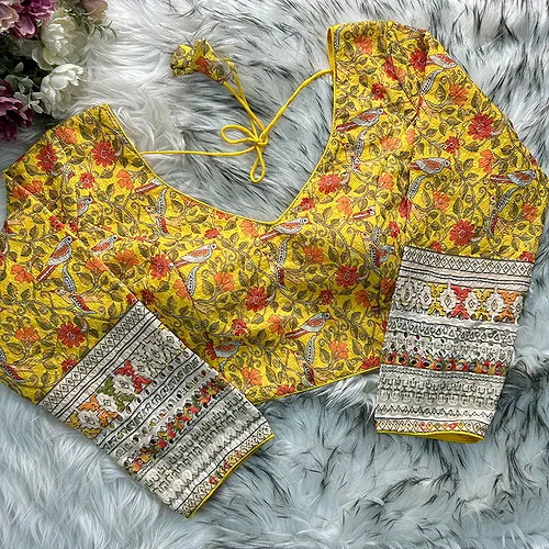 Yellow Color Chikankari Work Cotton Blouse with Kalamkari Print and Long Sleeves