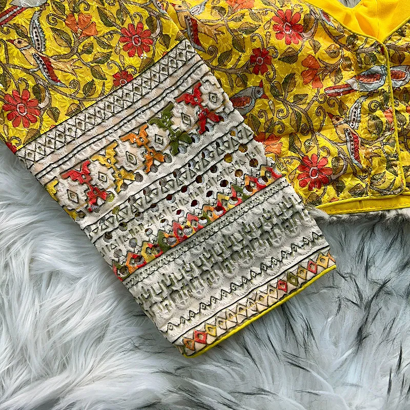 Yellow Color Chikankari Work Cotton Blouse with Kalamkari Print and Long Sleeves