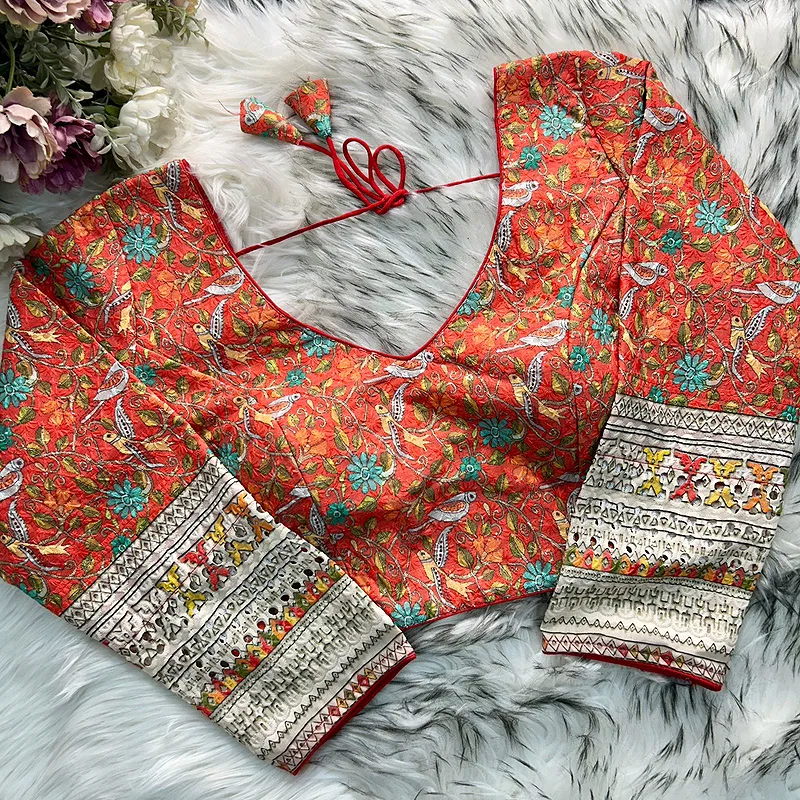 Orange Color Chikankari Work Cotton Blouse with Kalamkari Print and Long Sleeves