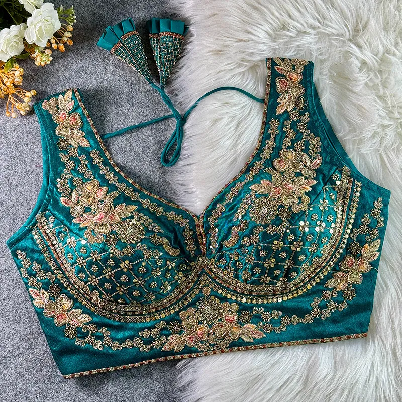 Rama Color Sabyasachi Neck Bridal Blouse with Heavy Stars & Beads Work