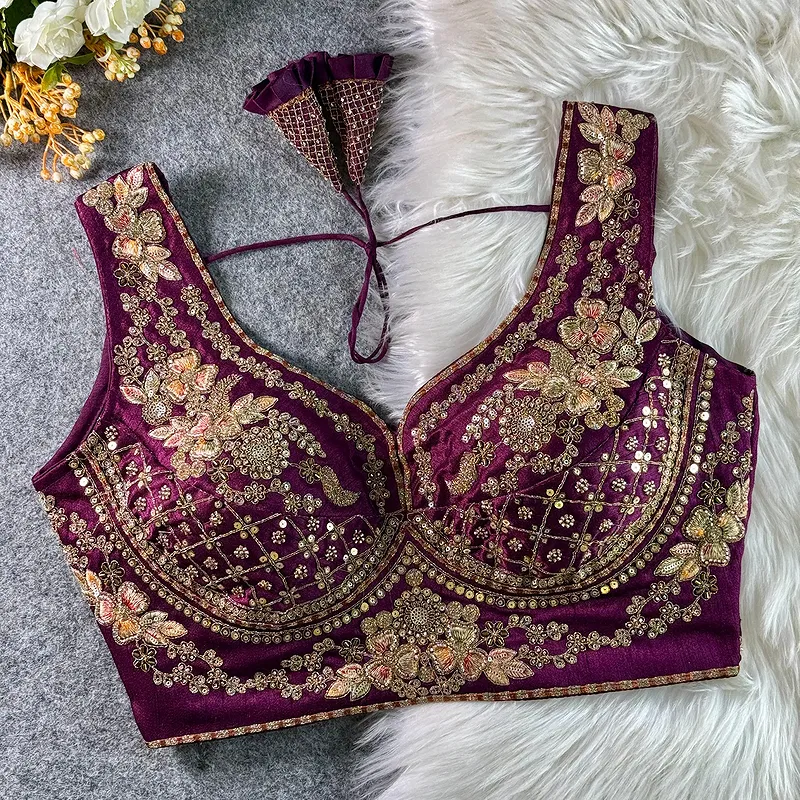 Wine Color Sabyasachi Neck Bridal Blouse with Heavy Stars & Beads Work