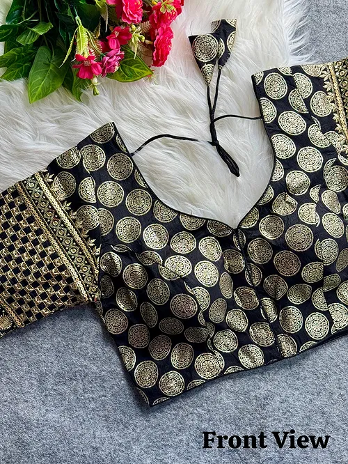 Black Color Elegant Dola Silk Partywear Blouse with Heavy Embroidery