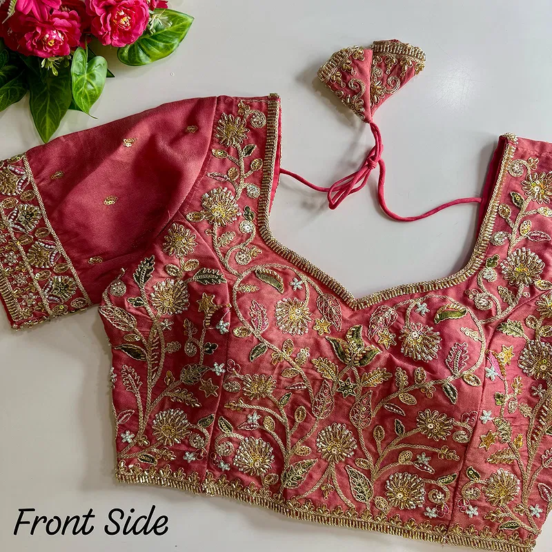 Baby Pink Color Bridal Cosmos Silk Blouse with Heavy Stars & Beads Hand Work