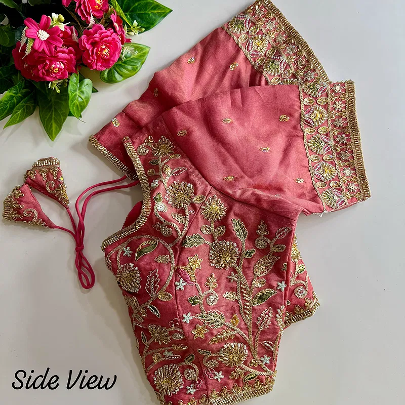 Baby Pink Color Bridal Cosmos Silk Blouse with Heavy Stars & Beads Hand Work