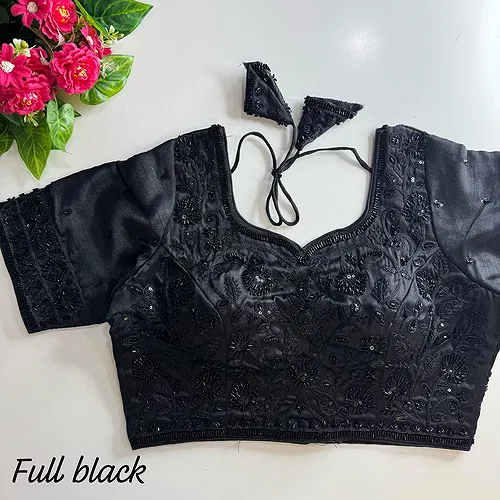 Full Black Color Bridal Cosmos Silk Blouse with Heavy Stars & Beads Hand Work