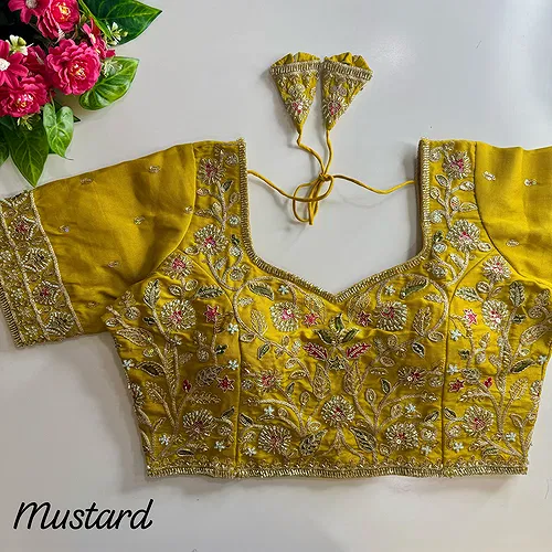 Mustard Color Bridal Cosmos Silk Blouse with Heavy Stars & Beads Hand Work