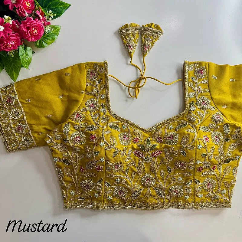 Mustard Color Bridal Cosmos Silk Blouse with Heavy Stars & Beads Hand Work