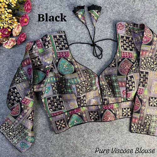 Black Color Pure Viscose Jacquard Long Sleeves Blouse