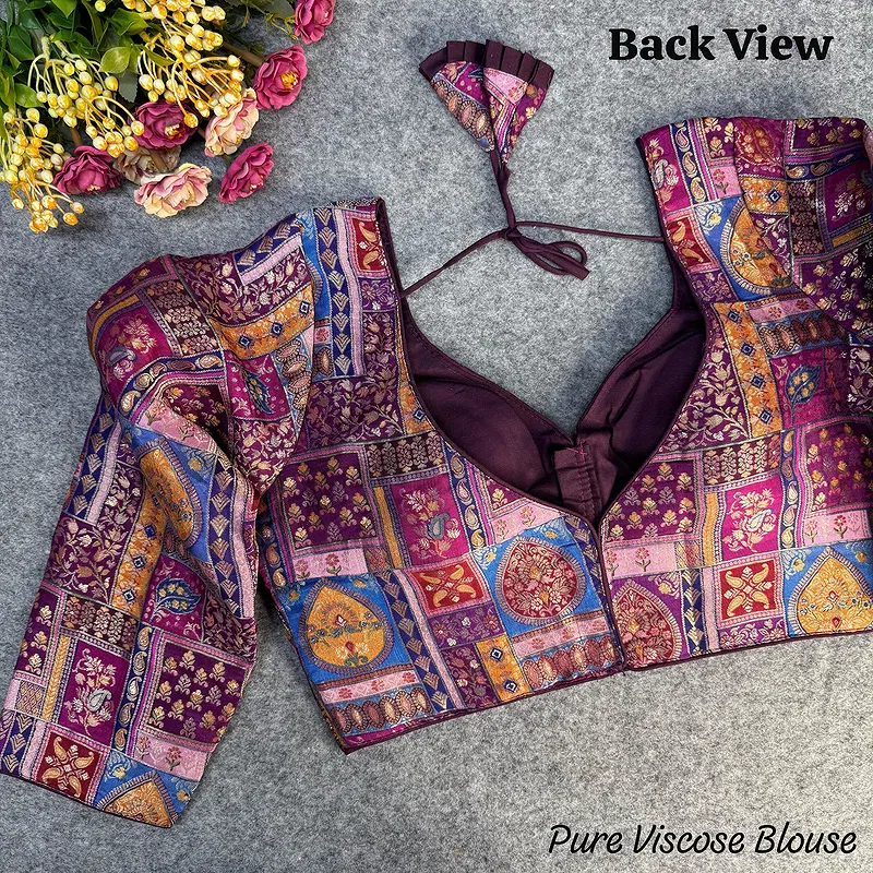 Wine Color Pure Viscose Jacquard Long Sleeves Blouse