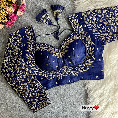 Navy Color Royal Mumtaz Style Long Sleeves Bridal Blouse in Vichitra Silk