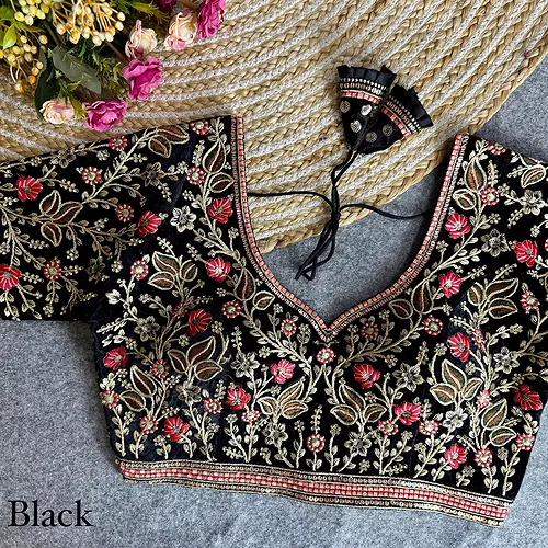 Black Color Bridal Velvet Blouse with Diamond Handwork