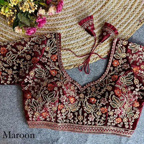 Maroon Color Bridal Velvet Blouse with Diamond Handwork