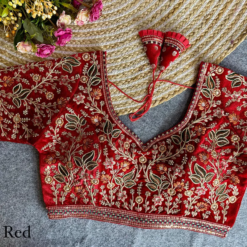 Red Color Bridal Velvet Blouse with Diamond Handwork