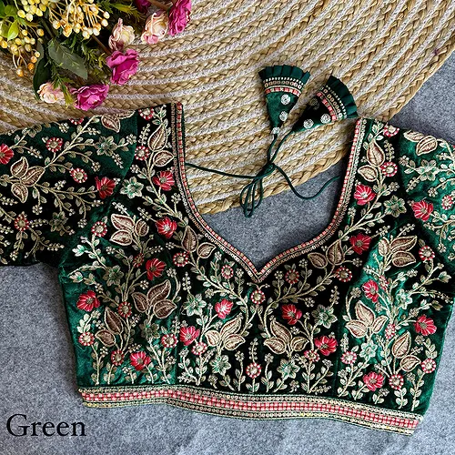 Green Color Bridal Velvet Blouse with Diamond Handwork