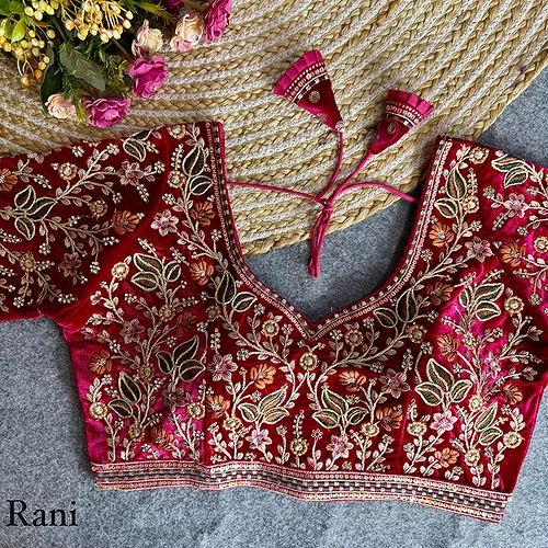Rani Color Bridal Velvet Blouse with Diamond Handwork
