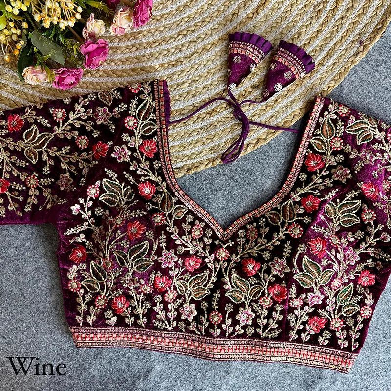 Wine Color Bridal Velvet Blouse With Diamond Handwork