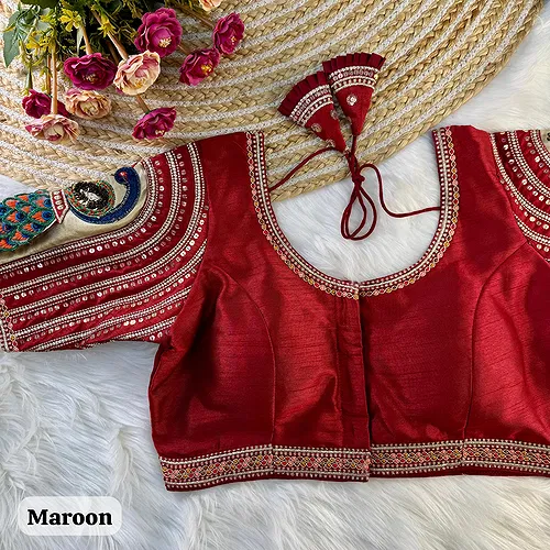Maroon Color 3D Peacock Italian Silk Heavy Sleeve Blouse