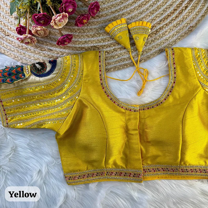 Yellow Color 3D Peacock Italian Silk Blouse