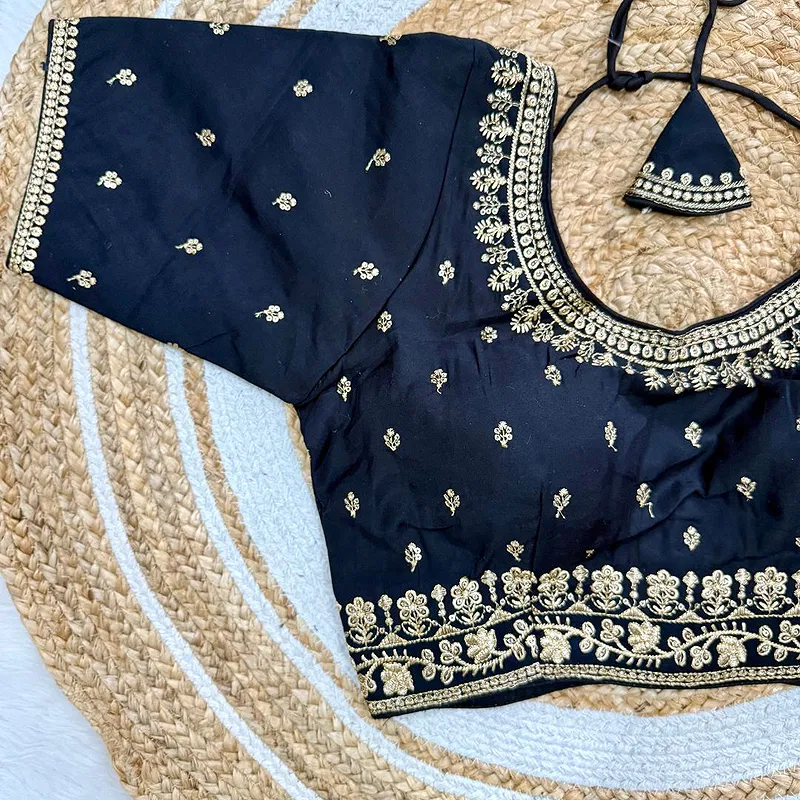 Black Roman Silk Thread Work Partywear Blouse