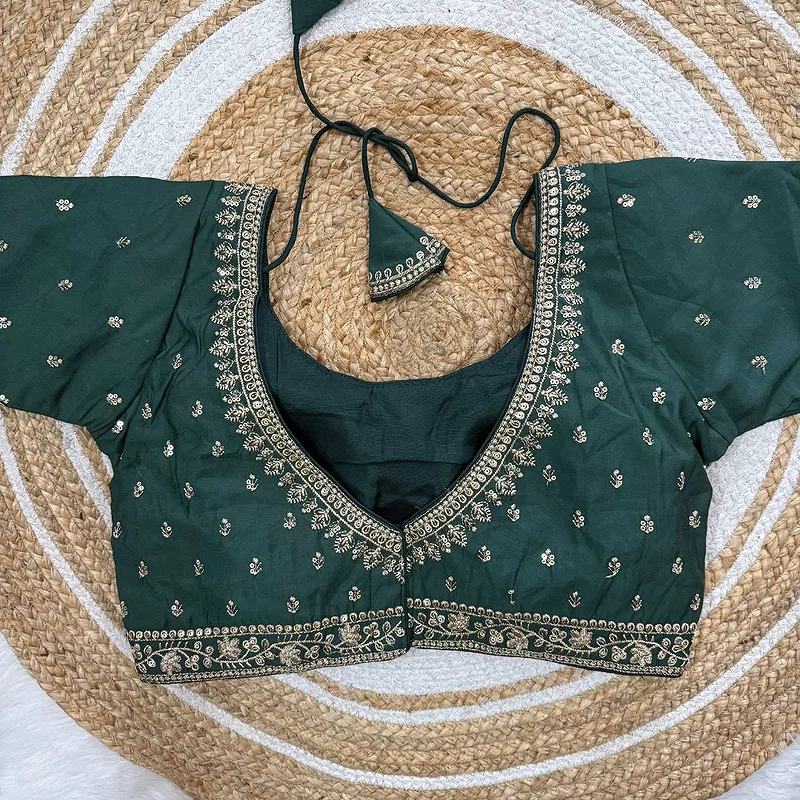 Green Roman Silk Thread Work Partywear Blouse