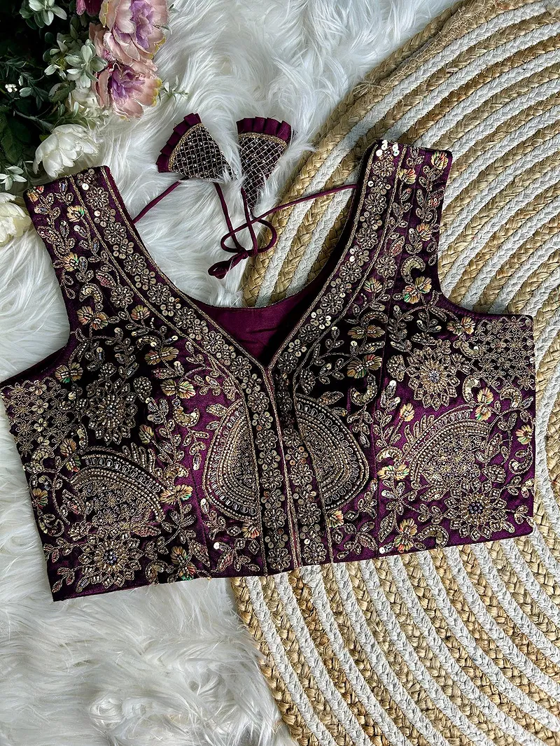 Wine Color Luxury Heavy Handwork Sequence Embroidery Blouse in Italian Silk