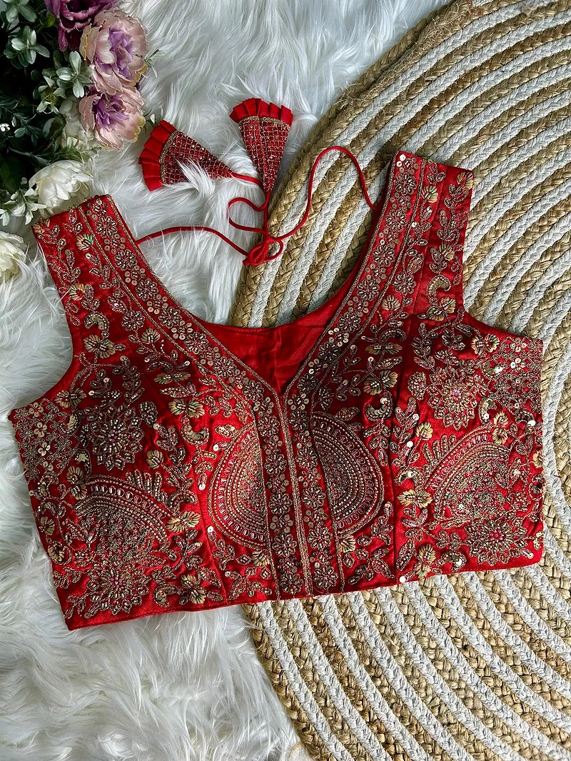 Red Color Luxury Heavy Handwork Sequence Embroidery Blouse in Italian Silk
