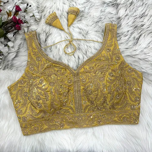 Gold Color Fancy Bridal Blouse with Heavy Embroidery & Latkans in Italian Silk