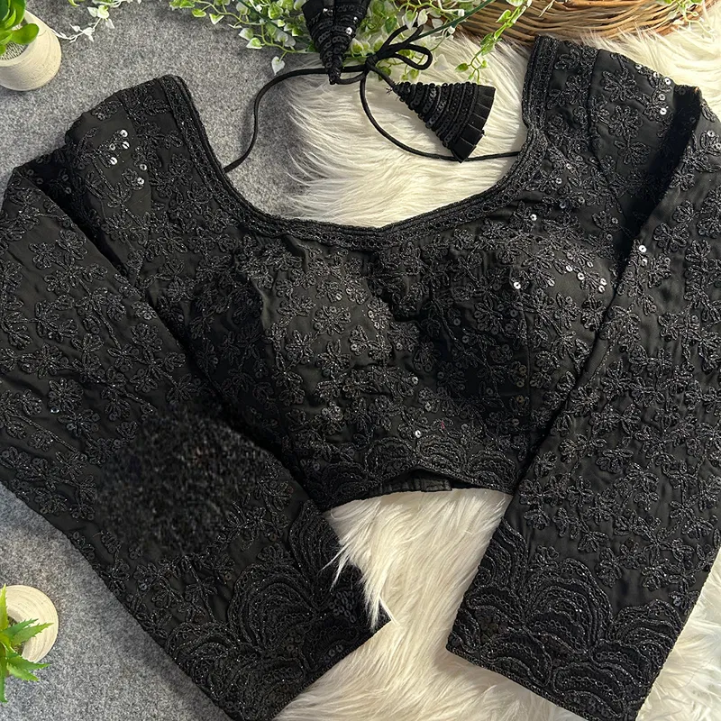Black Color Georgette Partywear Blouse with Bullet Zari Sequence Work