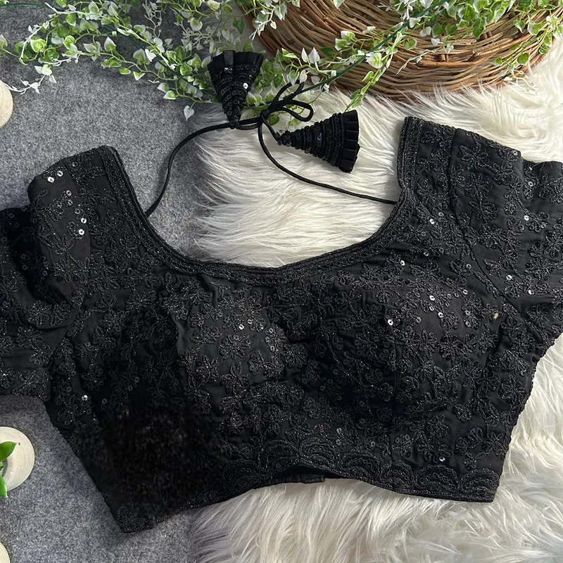 Black Color Georgette Partywear Blouse with Bullet Zari Sequence Work