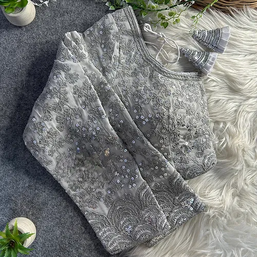 Silver Color Georgette Partywear Blouse with Bullet Zari Sequence Work