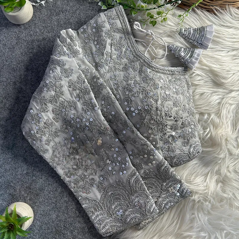 Silver Color Georgette Partywear Blouse with Bullet Zari Sequence Work