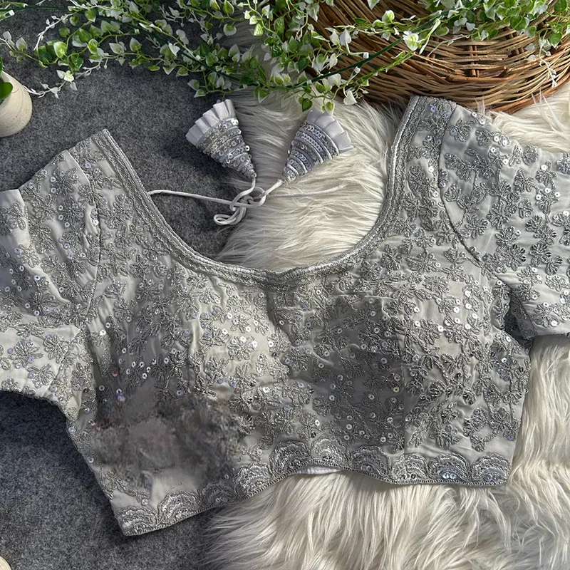 Silver Color Georgette Partywear Blouse with Bullet Zari Sequence Work