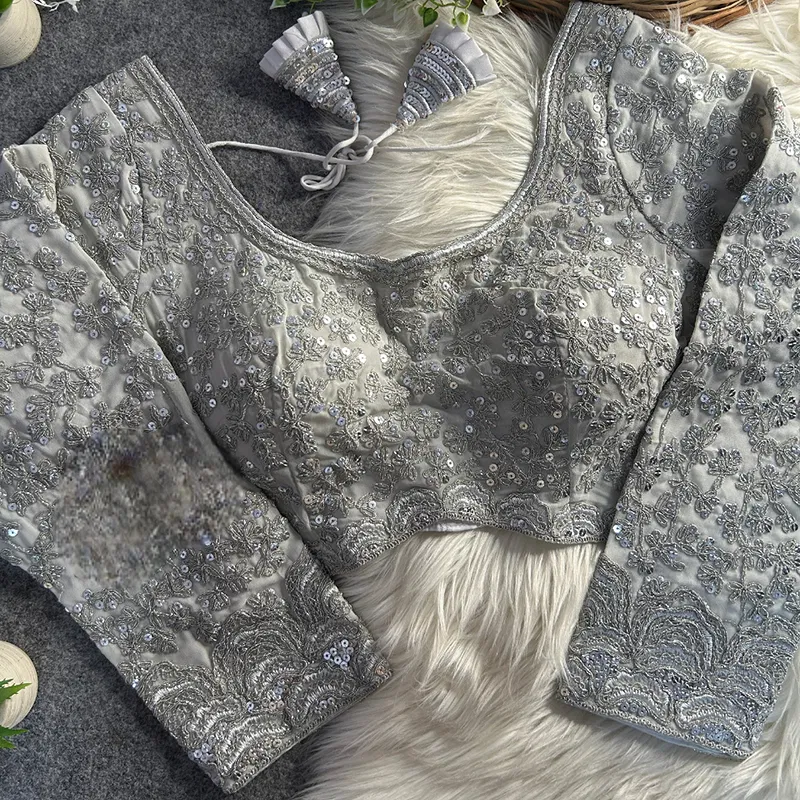 Silver Color Georgette Partywear Blouse with Bullet Zari Sequence Work
