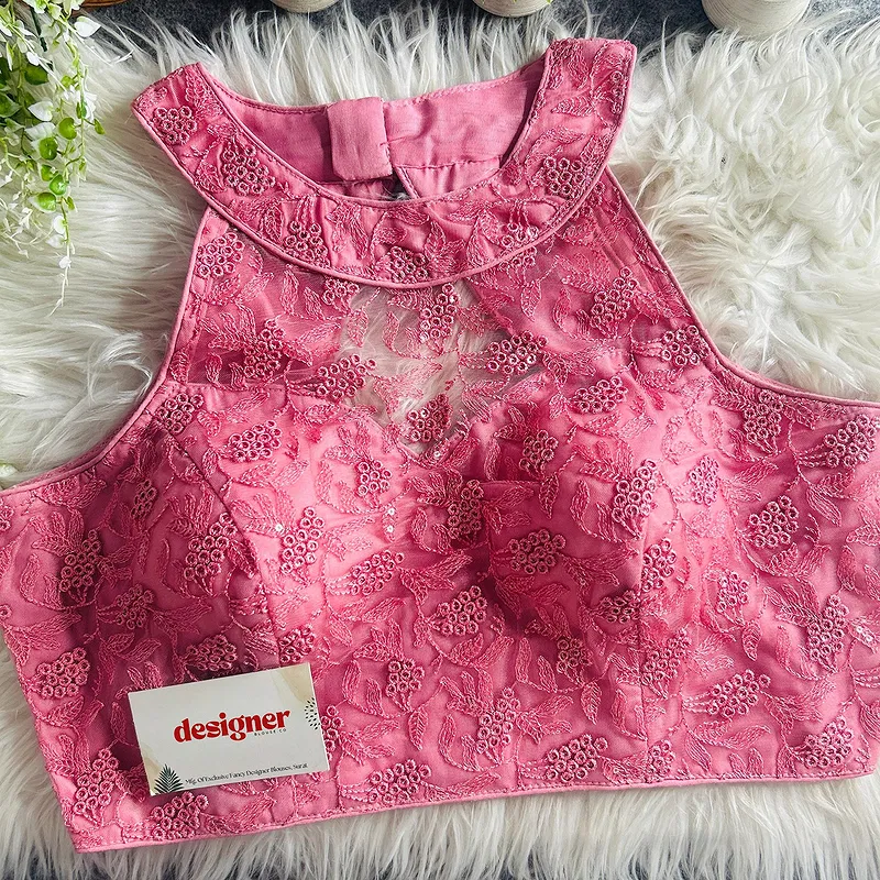 Pink Halter Neck Heavy Thread Work Net Blouse