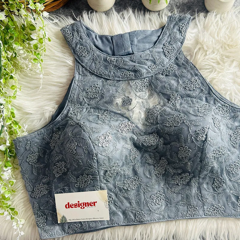 Grey Halter Neck Heavy Thread Work Net Blouse