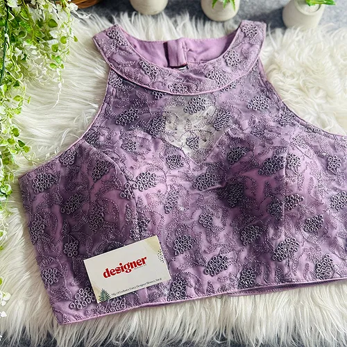 Purple Halter Neck Heavy Thread Work Net Blouse