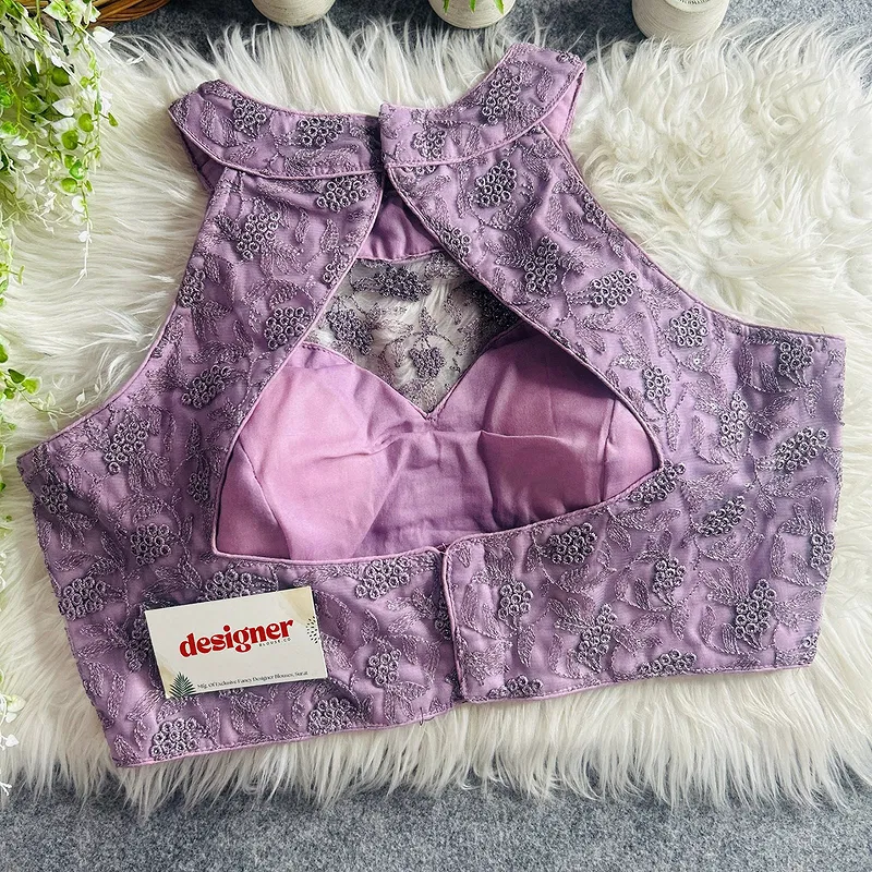 Purple Halter Neck Heavy Thread Work Net Blouse