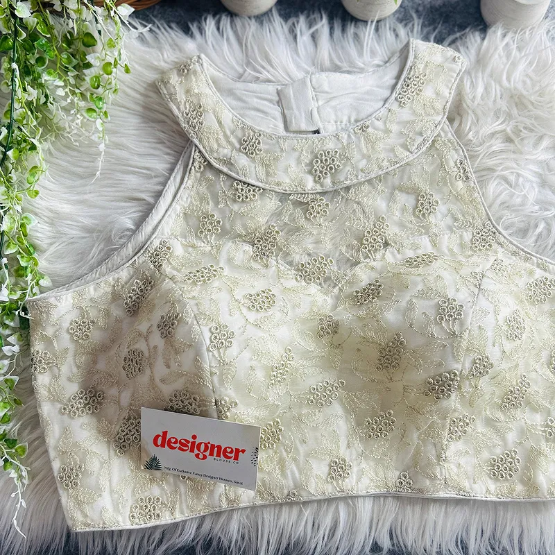 White Halter Neck Heavy Thread Work Net Blouse